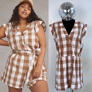 WHIT TWO Gingham Plaid V Neck Sleeveless Romper Medium Brown White Anthropologie